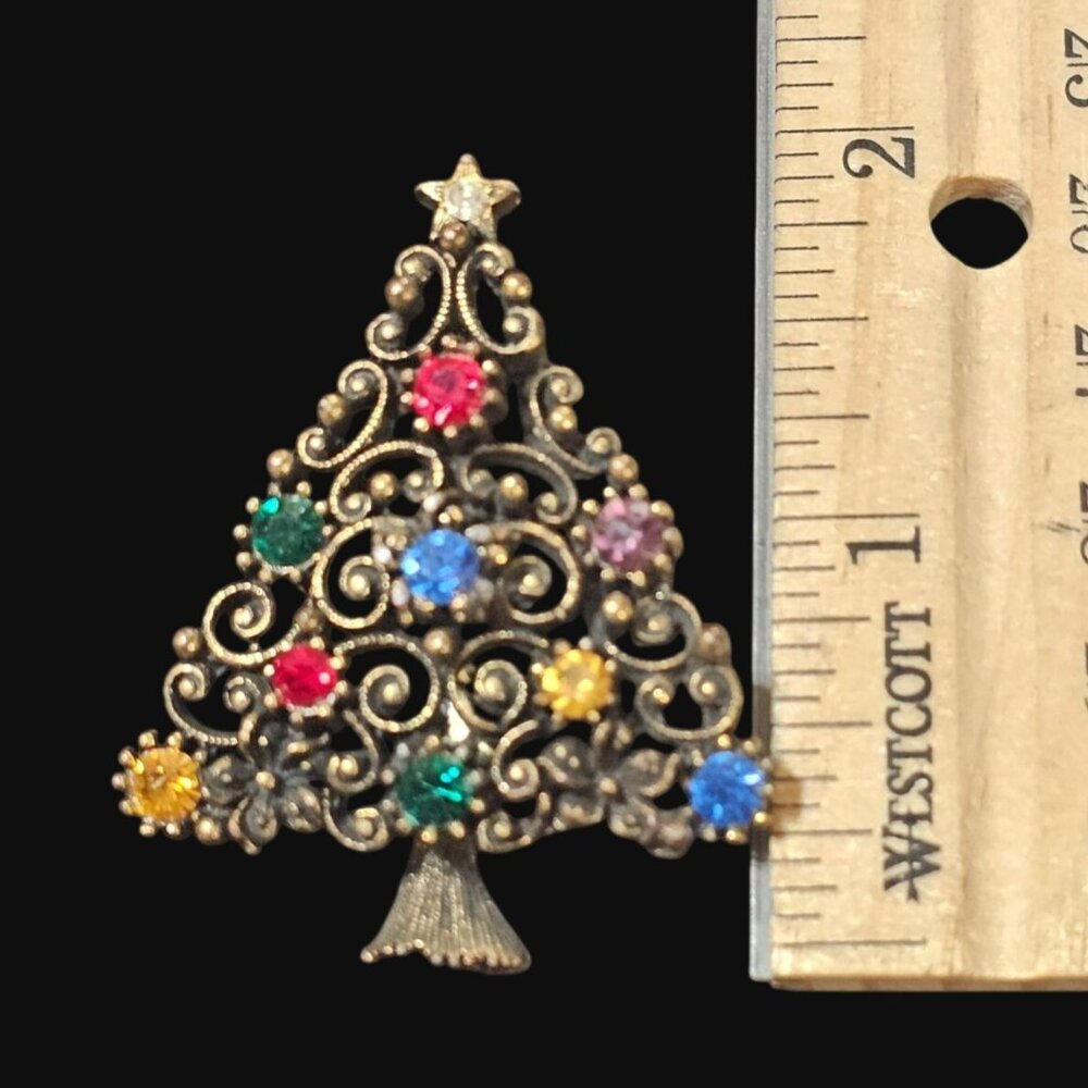 Vtg Signed JJ Gold Tone Christmas Tree Brooch Pin Multi Color Rhinestones MCM - Picture 8 of 8